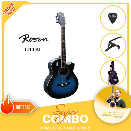Combo Đàn Guitar Acoustic Rosen G11BL-A và Khóa Học Guitar Hiển Râu 