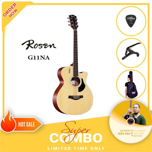 Combo Đàn Guitar Acoustic Rosen G11NA-A và Khóa Học Guitar Hiển Râu 