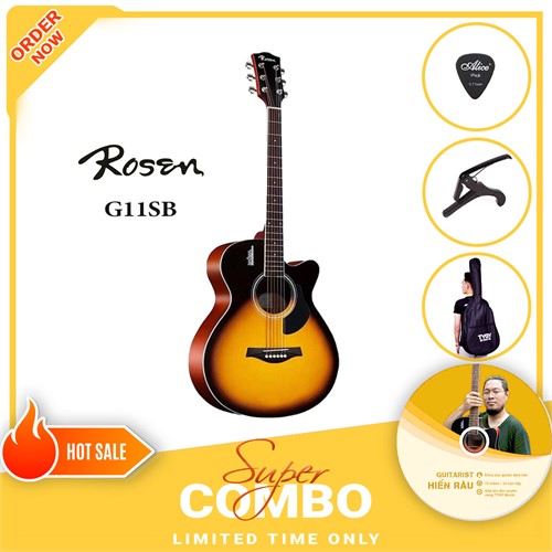 Combo Đàn Guitar Acoustic Rosen G11SB-A và Khóa Học Guitar Hiển Râu 