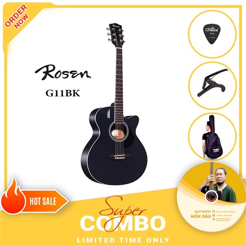 Combo Đàn Guitar Acoustic Rosen G11BK-A và Khóa Học Guitar Hiển Râu 