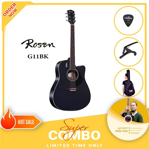 Combo Đàn Guitar Acoustic Rosen G11BK và Khóa Học Guitar Hiển Râu 