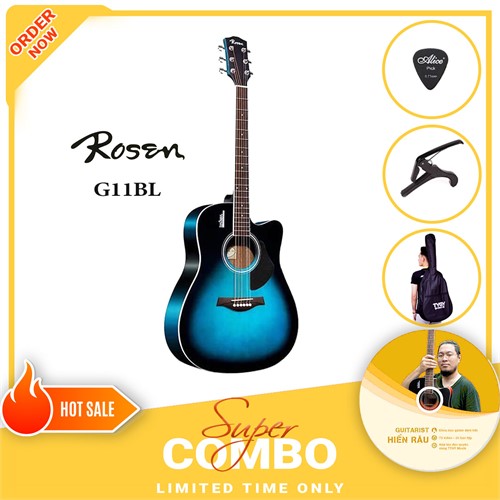 Combo Đàn Guitar Acoustic Rosen G11BL và Khóa Học Guitar Hiển Râu 