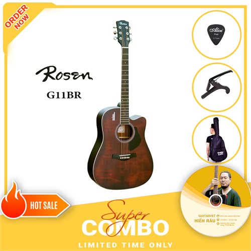 Combo Đàn Guitar Acoustic Rosen G11BR và Khóa Học Guitar Hiển Râu 