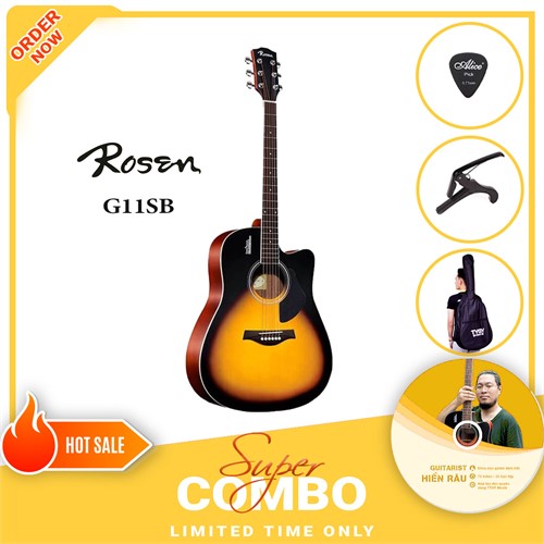 Combo Đàn Guitar Acoustic Rosen G11SB và Khóa Học Guitar Hiển Râu 