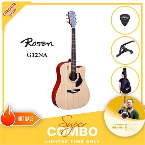 Combo đàn guitar acoustic Rosen G12 Vàng (tặng kèm khóa học guitar Hiển Râu trị giá 699k)