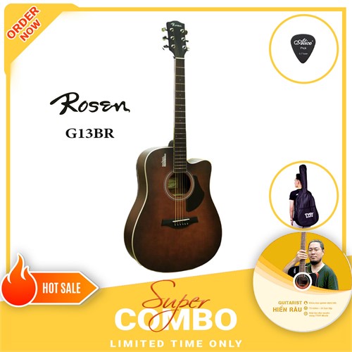 Combo Đàn Guitar Acoustic Rosen G13BR và Khóa Học Guitar Hiển Râu