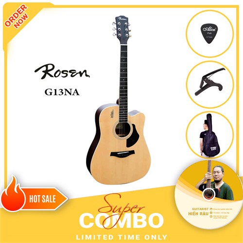 Combo Đàn Guitar Acoustic Rosen G13NA và Khóa Học Guitar Hiển Râu