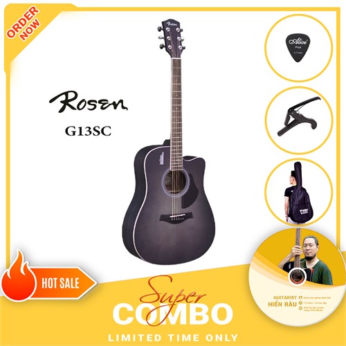 Combo Đàn Guitar Acoustic Rosen G13SC và Khóa Học Guitar Hiển Râu