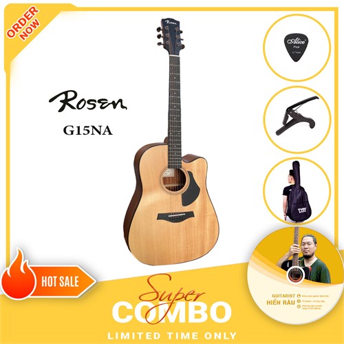 Combo đàn guitar acoustic Rosen G15NA (tặng kèm khóa học guitar Hiển Râu trị giá 699k)