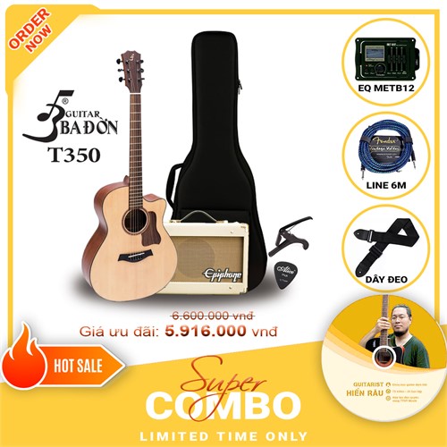 Combo đàn guitar Acoustic Ba Đờn T350 tích hợp Equalizer Metb12 và Amplifier Epiphone 15C,Tặng kèm khóa học Hiển Râu