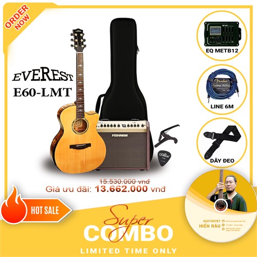 Combo đàn guitar Acoustic Everest E60LMT tích hợp Equalizer Metb12 và Amplifier Fishman Loudbox Mini Bluetooth 60W,Tặng kèm khóa học Hiển Râu 