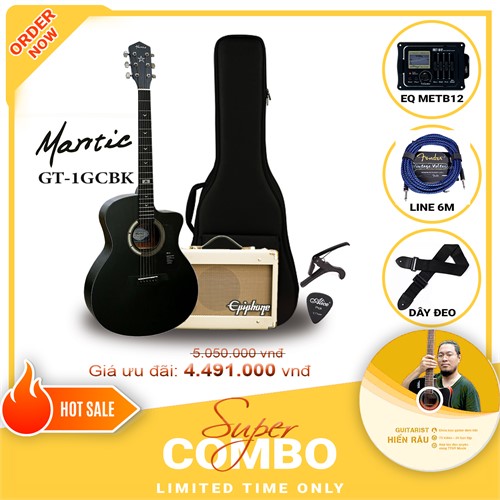 Combo đàn guitar Acoustic Mantic GCBK tích hợp Equalizer Metb12 và Amplifier Epiphone 15C,Tặng kèm khóa học Hiển Râu
