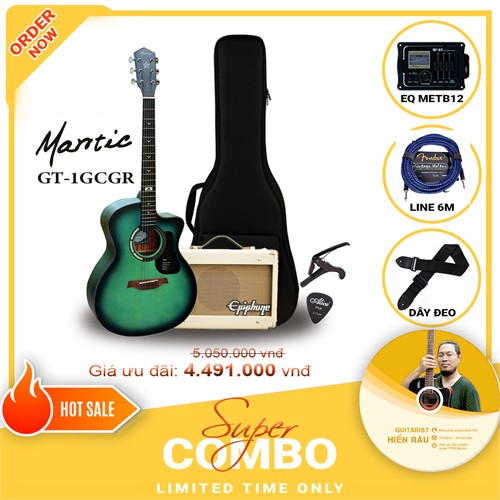 Combo đàn guitar Acoustic Mantic GT1-GCGR tích hợp Equalizer Metb12 và Amplifier Epiphone 15C,Tặng kèm khóa học Hiển Râu