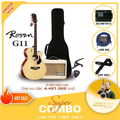 Combo đàn guitar Acoustic Rosen G11NA tích hợp Equalizer Metb12 và Amplifier Epiphone 15C,Tặng kèm khóa học Hiển Râu