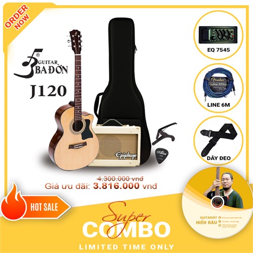 Combo đàn guitar Acoustic Ba Đờn J120 tích hợp Equalizer 7545R và Amplifier Epiphone 15C,Tặng kèm khóa học Hiển Râu