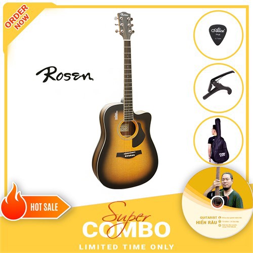 Combo Đàn Guitar Acoustic Rosen G13SB và Khóa Học Guitar Hiển Râu 