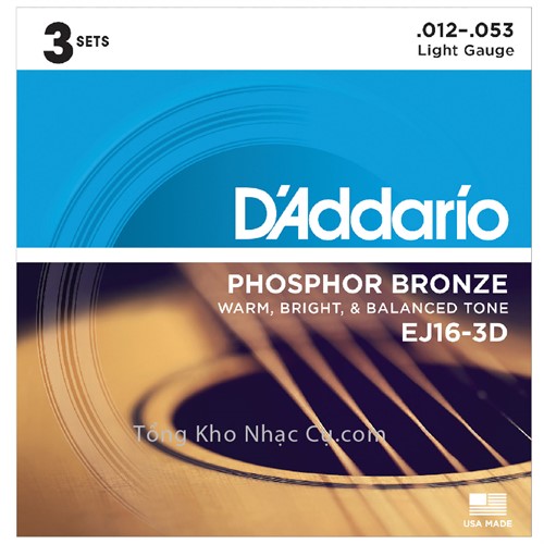 3 bộ - Dây Đàn Acoustic Guitar Phosphor Bronze D'Addario EJ16-3D