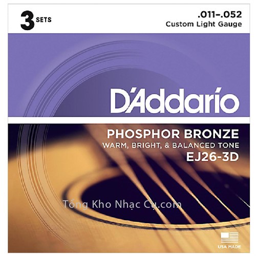 3 Bộ - Dây Đàn Acoustic Guitar Phosphor Bronze D'Addario EJ26-3D
