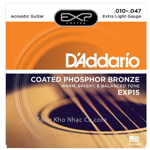 Dây Đàn Acoustic Guitar Coated Phosphor Bronze D'Addario EXP15 (Có lớp phủ)