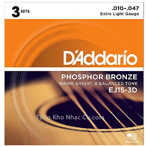 3 bộ - Dây Đàn Acoustic Guitar Phosphor Bronze D'Addario EJ15-3D