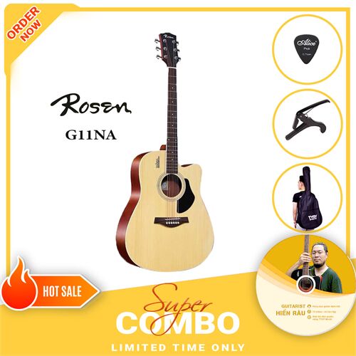Combo Đàn Guitar Acoustic Rosen G11NA và Khóa Học Guitar Hiển Râu 