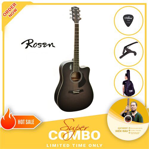 Combo Đàn Guitar Acoustic Rosen G13SC( ( Xám Ghi) và Khóa Học Guitar Hiển Râu