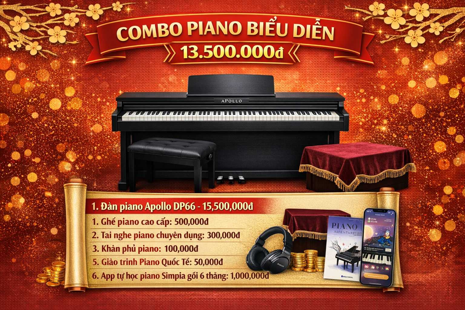 combo đàn piano apollo dp66 giá rẻ tygy music