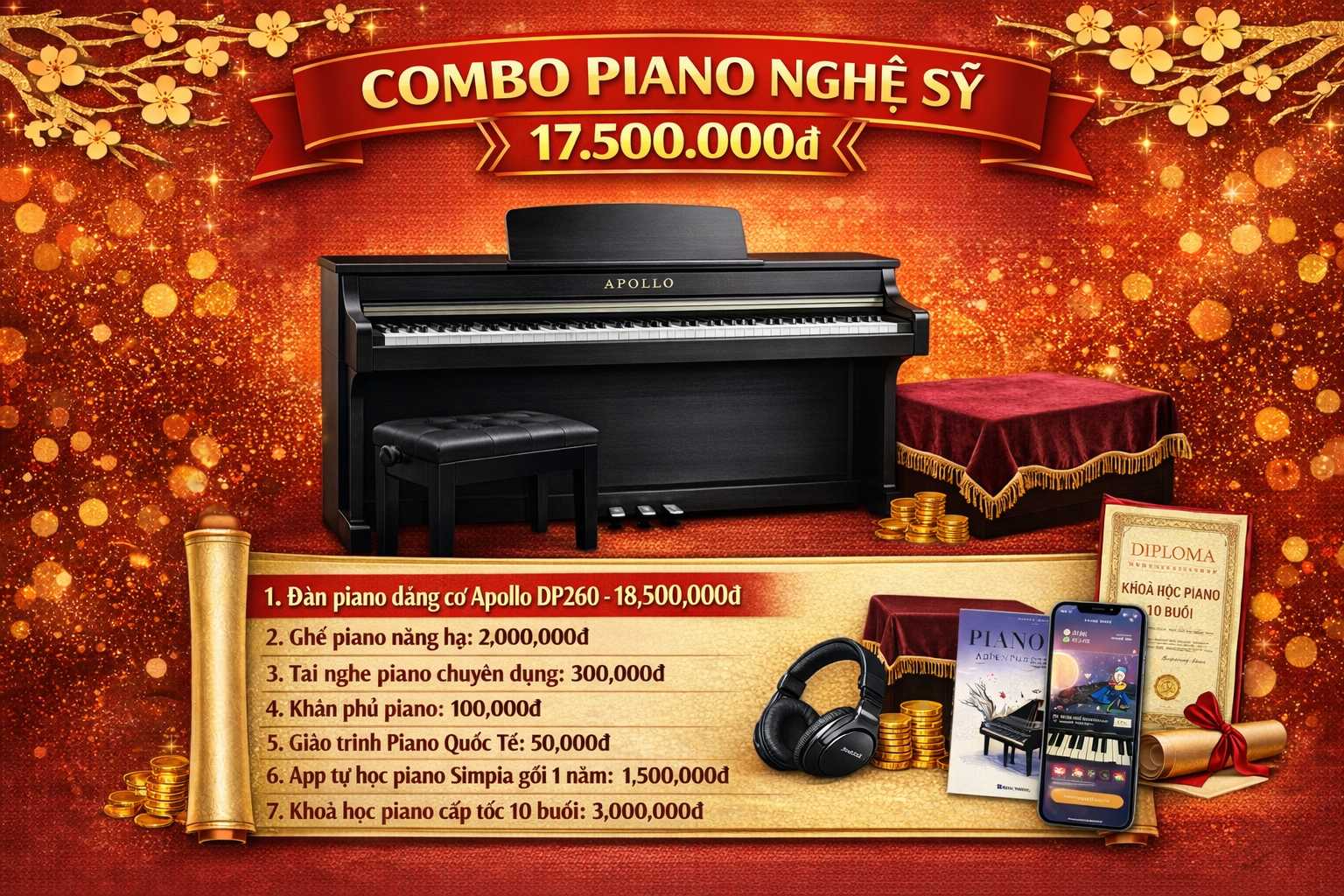 combo đàn piano apollo dp260 giá rẻ tygy music